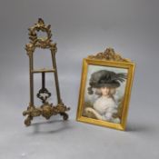 Victorian miniature print of a lady in a black feather hat in a gilt brass frame and a small brass
