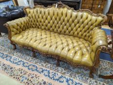 A Louis XVI design settee upholstered in buttoned olive leather, length 190cm, depth 70cm, height