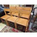 A set of eight mid century design walnut and tan leather dining chairs, width 48cm, depth 44cm,