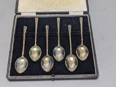 A cased set of six silver and three colour enamelled coffee spoons, Turner & Simpson, Birmingham,