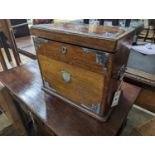 A late Victorian metal mounted oak smoker's box, width 34cm, depth 20cm, height 29cm