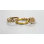 A modern 22ct gold wedding band, 3.3 grams and two 9ct gold rings including signet, 4.2 grams.