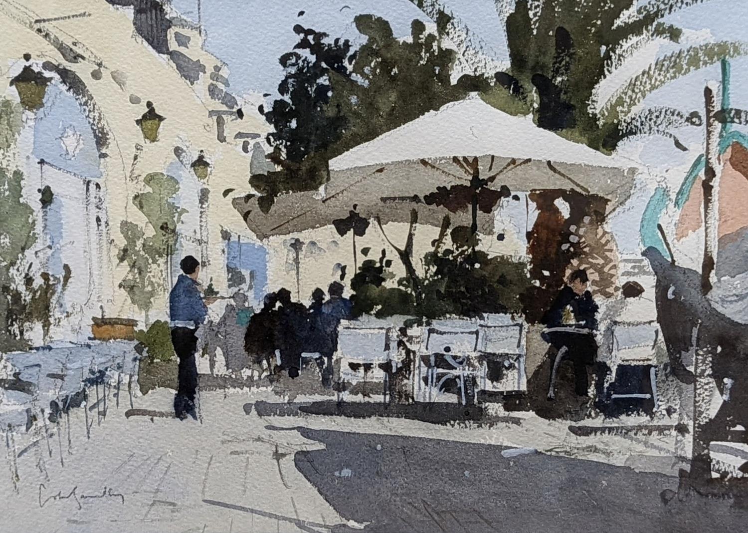 John Yardley (1933-), watercolour, Pavement cafe, signed, 24 x 34cm