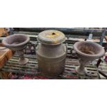 A pair of circular cast iron campana urns, diameter 29cm, height 35cm together with an iron milk