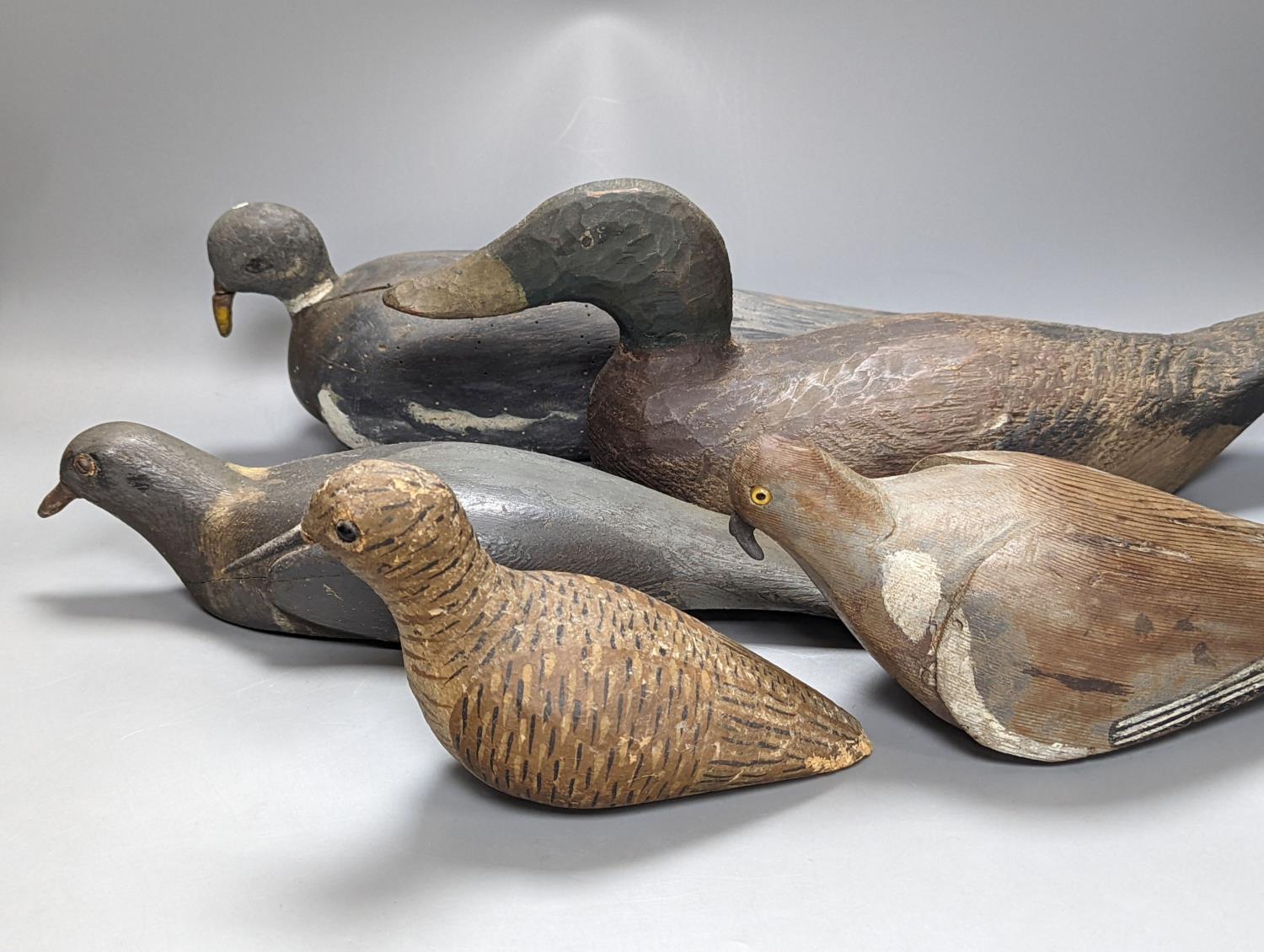 Three early 20th century decoy pigeons, largest 38cm a decoy duck, 43.5cm and a similar woodcock (