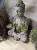 A reconstituted stone seated Buddha bird bath, height 64cm