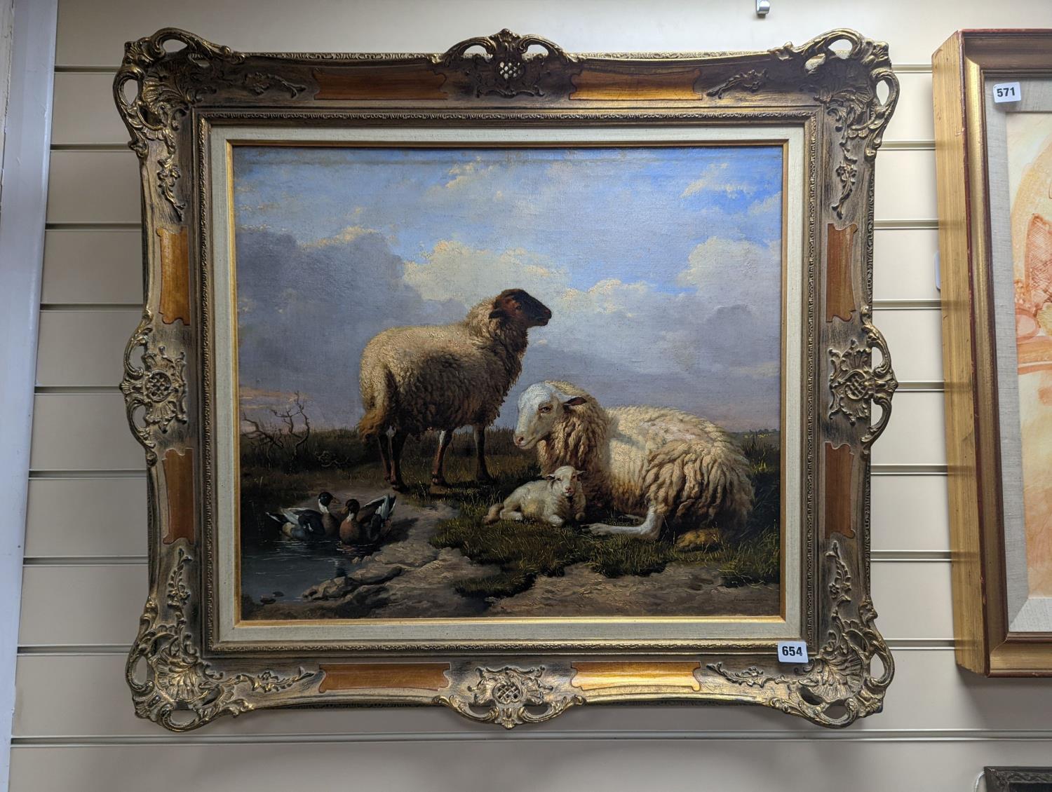 19th Century Dutch School, oil on canvas, Sheep and ducks in a landscape, indistinctly signed, 53 - Image 2 of 3