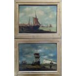 19th century Primitive School, pair of oils on panels, Fishing boats along the shore, 22 x 30cm