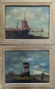 19th century Primitive School, pair of oils on panels, Fishing boats along the shore, 22 x 30cm