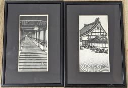 Gijin Okuyama (1934-), two woodblock prints, 23.5 x 11.5cm.