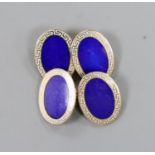 A modern pair of 9ct gold and two colour enamel set oval cufflinks, with Greek key border, 18mm,