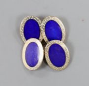 A modern pair of 9ct gold and two colour enamel set oval cufflinks, with Greek key border, 18mm,