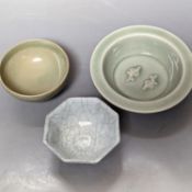 A Chinese celadon glazed twin fish brushwasher, 13.2cm, a celadon glazed cup and a crackle glaze cup