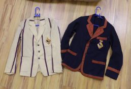 Two late 19th/early 20th century cricket blazers, with crests on the pockets, makers label: Bodger