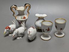 A group of seven small Meissen ornaments, two-handled vase 12cm.