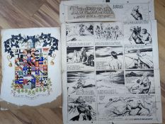 Burne Hogarth (American, 1911-1996), three original pen and ink cartoons for Tarzan comic strip,