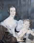 Mid 19th century English School, pastel, Portrait of mother and daughter, 90 x 70cm