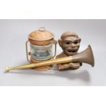 A cast money bank, copper horn and a ship's lamp, 20 cms high.
