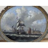 After Thomas Luny (1759-1837), oil on canvas laid on board, oval, Shipping off the coast, bears