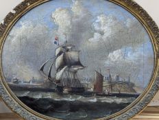 After Thomas Luny (1759-1837), oil on canvas laid on board, oval, Shipping off the coast, bears