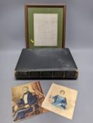 Two Victorian leather photograph albums, without contents, two Victorian portrait miniatures,