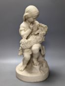 A Copeland Parian group Girl with dog entitled 'Go to sleep' 45cm