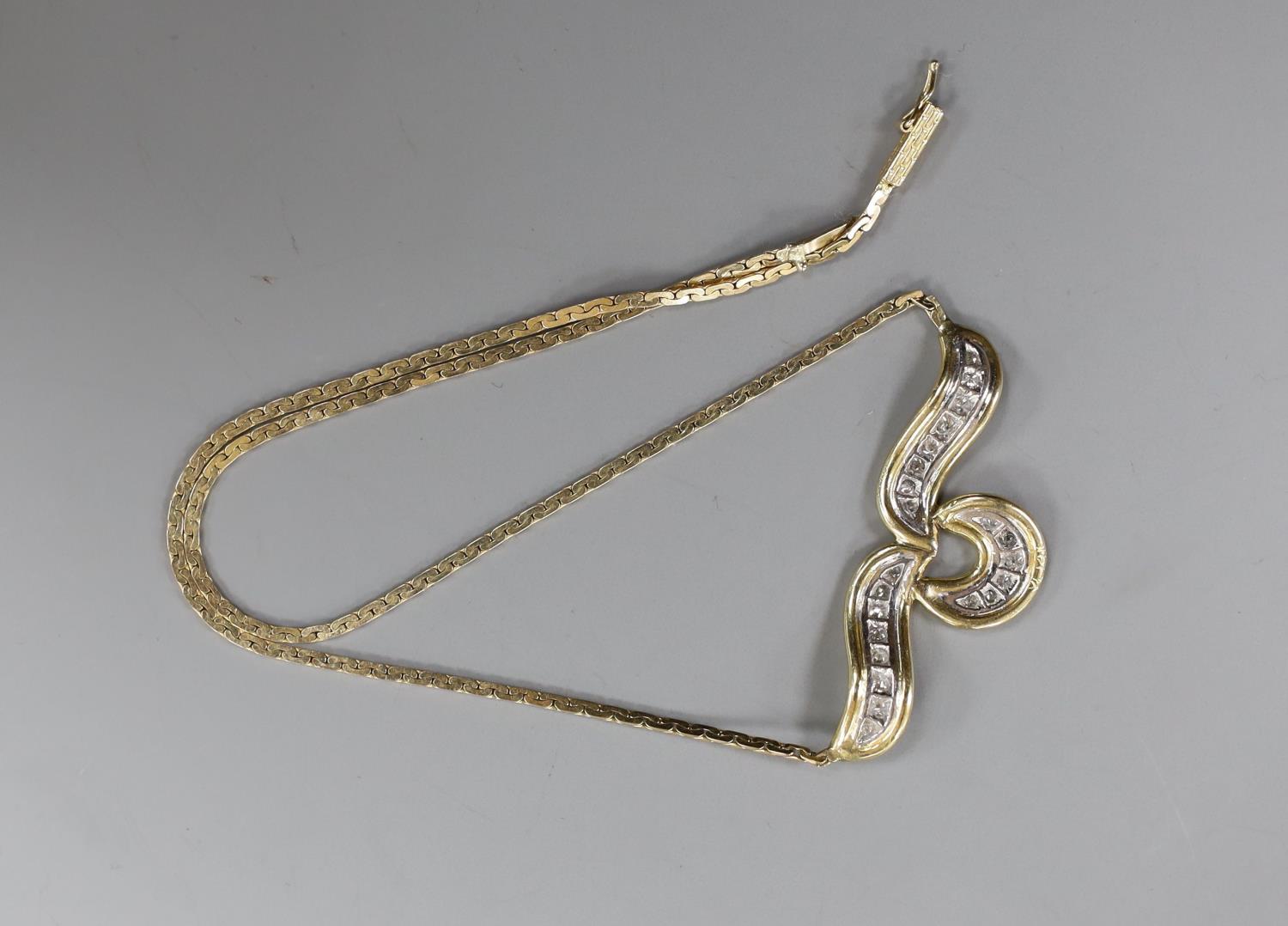 A modern 14k yellow metal and diamond cluster set necklace, 36cm, gross 10.4 grams. - Image 2 of 3