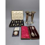 Mixed items including coins, cameo brooch in yellow metal mount, plated ware and a cased set of