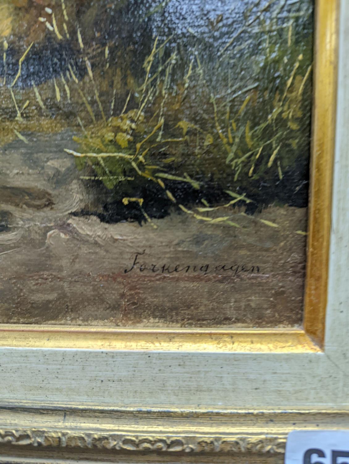 19th Century Dutch School, oil on canvas, Sheep and ducks in a landscape, indistinctly signed, 53 - Image 3 of 3