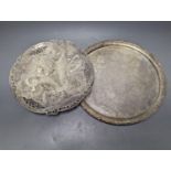 A Persian engraved white metal circular drink's tray by Vartan, 32cm, 747 grams and a white metal