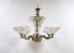 A chrome Art Deco 4 branch electrolier, with frosted glass shades, 77 cms high.