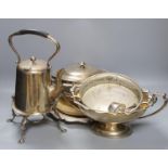 Five items of silver plate including tea kettle on burner stand, 36 cms high.