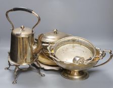 Five items of silver plate including tea kettle on burner stand, 36 cms high.