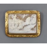 A yellow metal amounted rectangular cameo shell brooch, carved with figures cherubs and chariot,