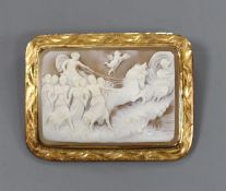 A yellow metal amounted rectangular cameo shell brooch, carved with figures cherubs and chariot,