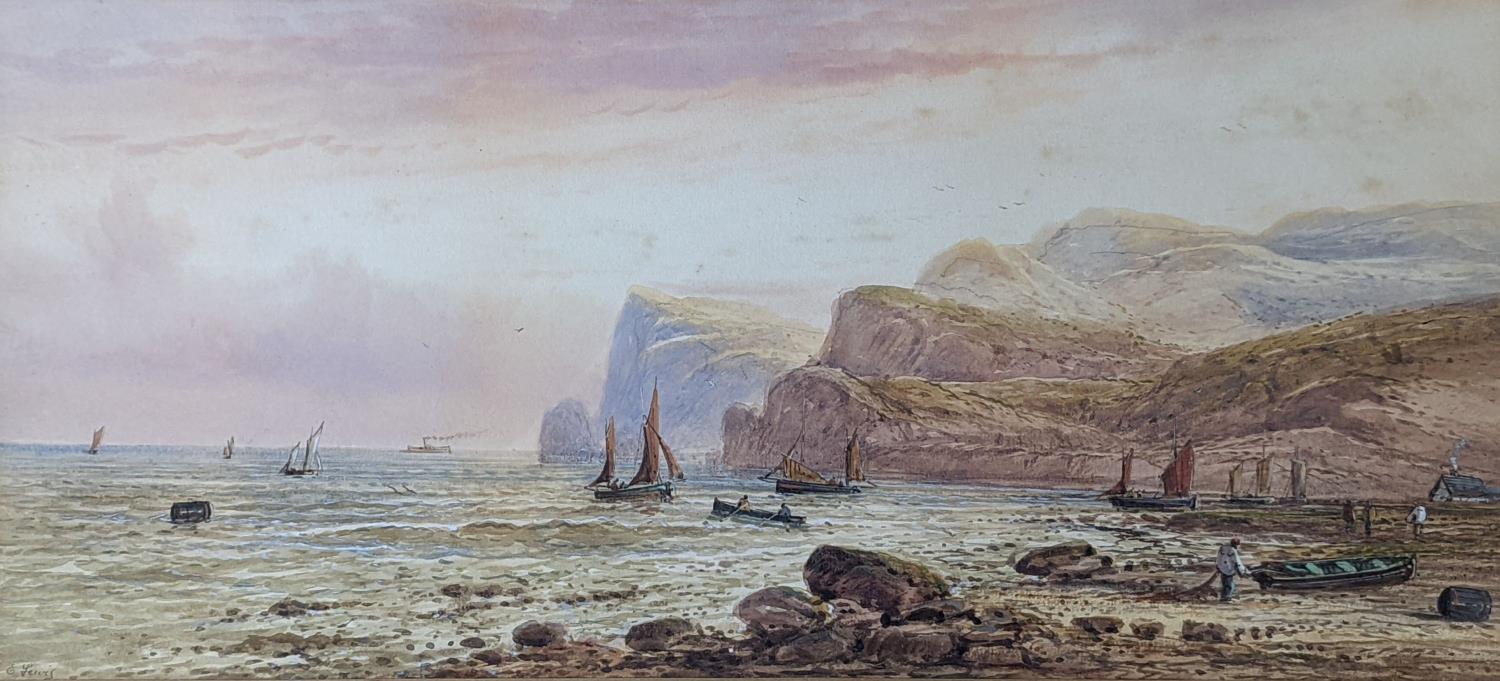 E. Lewis (Earp), watercolour, Fishing boats along the coast, signed, 23 x 53cm