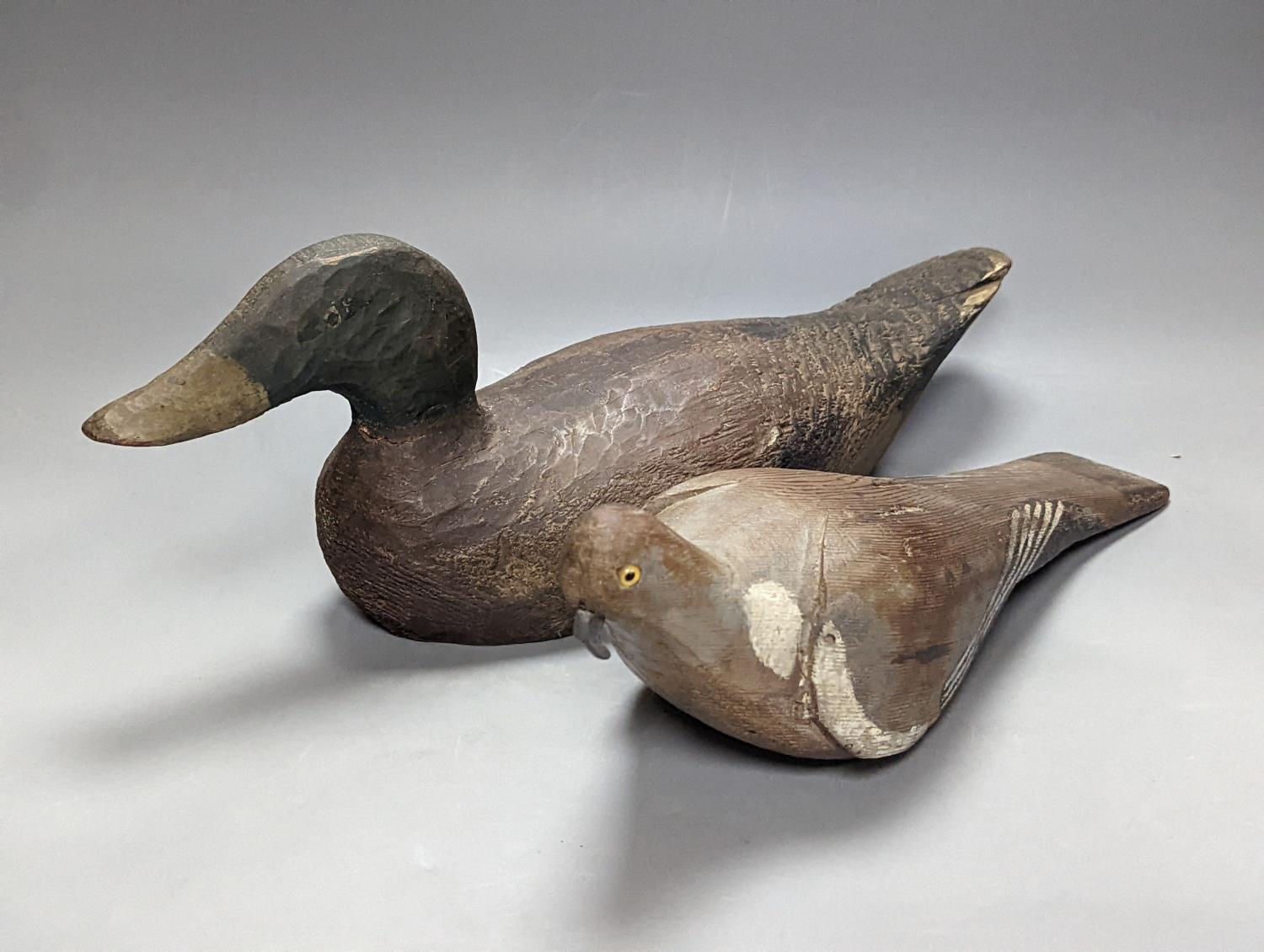 Three early 20th century decoy pigeons, largest 38cm a decoy duck, 43.5cm and a similar woodcock ( - Image 2 of 2