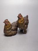 A pair of late 19th century cold painted bronze models of a cock and hen, 66mm