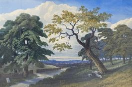 F & J Parkinson, watercolour, Landscape with figure on a lane, signed, 32 x 49cm
