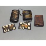 A 19th century Japanese lacquer inro, similar cigar case, two bezique markers and a birch bark case,