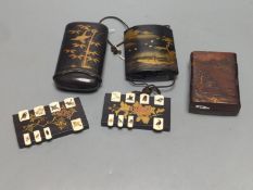 A 19th century Japanese lacquer inro, similar cigar case, two bezique markers and a birch bark case,
