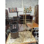 A rattan and wirework stick stand, height 63cm, together with one other folding stand