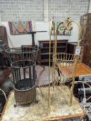 A rattan and wirework stick stand, height 63cm, together with one other folding stand