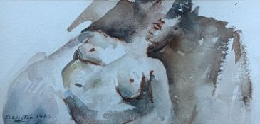 David Weston (b.1942), watercolour, Reclining female nude, signed and dated 1986, 13 x 27cm