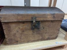 A domed trunk containing flat irons, elm cash-tray etc