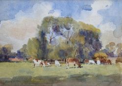 Oswald Partridge Milne (1881-1968), watercolour, Cattle in a meadow, signed in pencil, 22 x 33cm