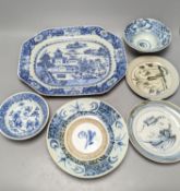 An 18th century Chinese export blue and white meat platter, 38 cms wide, and other Oriental
