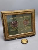 Two Exhibition Prize Medals, to JV Hill, saw manufacturers, London 1851 and Paris 1855, frame