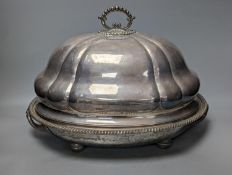 A silver plated meat dome and a similar hot water dish, 46cm