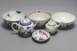 18th century Chinese Export porcelain - wucai bowl (19cm.) two famille rose bowls etc. (6)